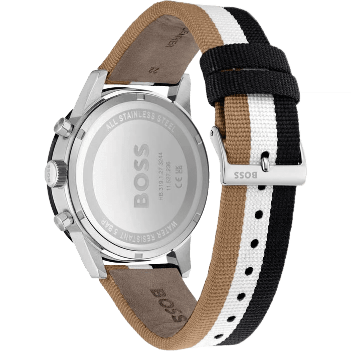 Original Hugo Boss: Black Dial, Brown Fiber Multi-Color Strap - Timeless Style with a Contemporary Twist
